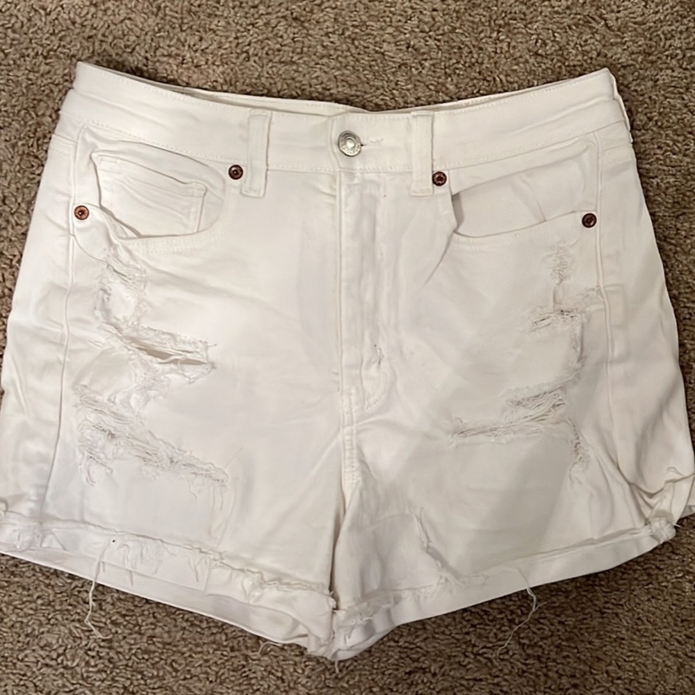 American Eagle High Rise Distressed White Shorts
